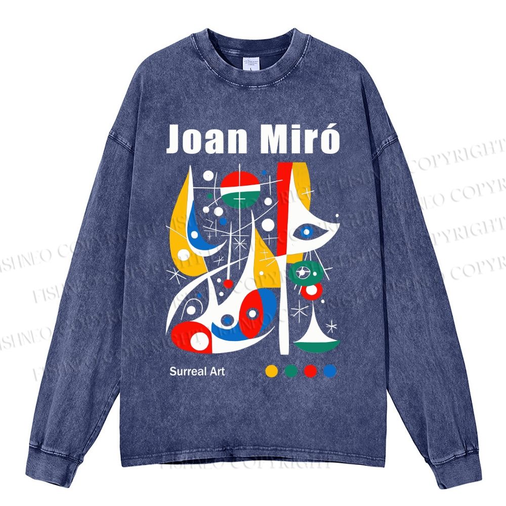 Unisex Casual Washed Joan Miró Style Art Printed Long Sleeve T-shirt
