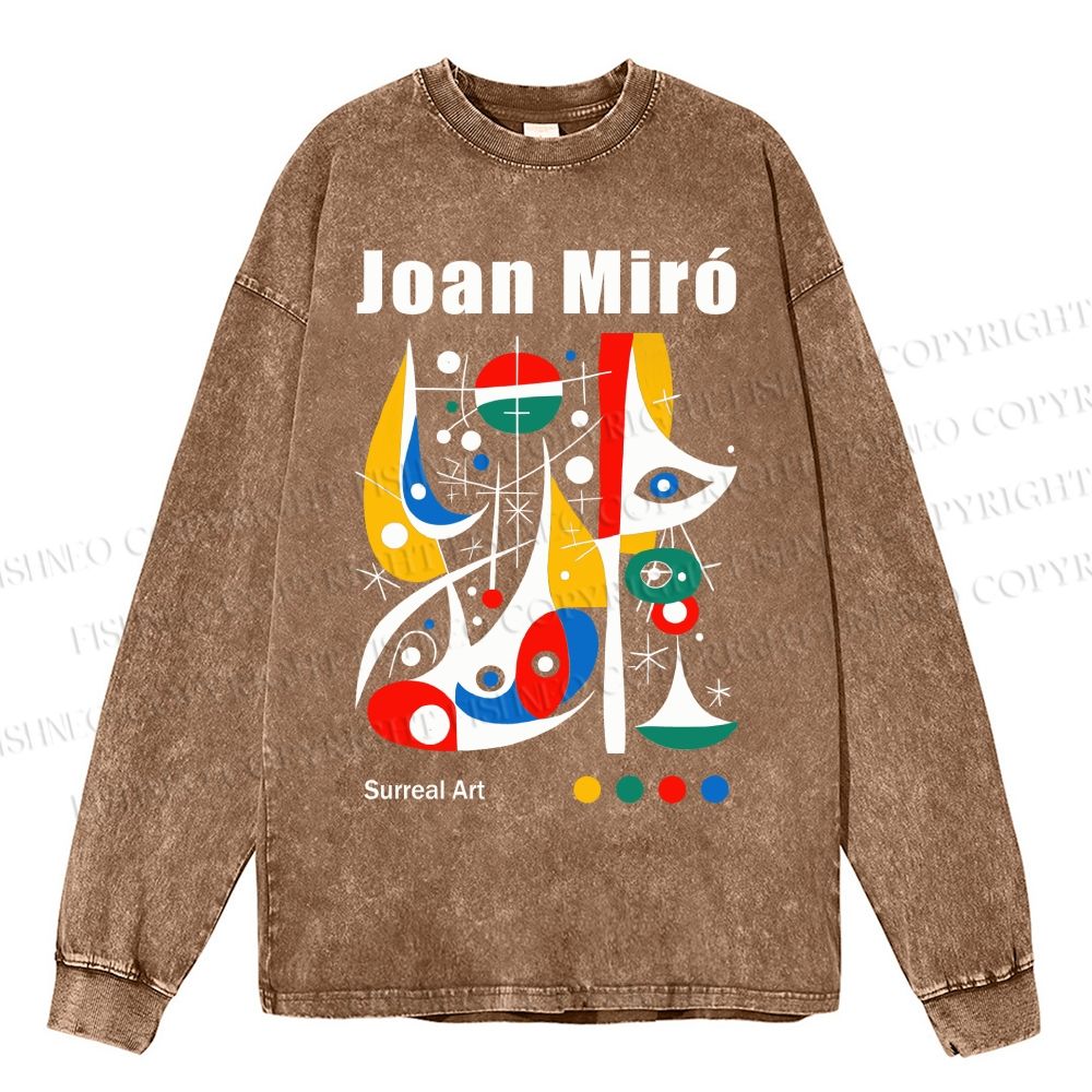Unisex Casual Washed Joan Miró Style Art Printed Long Sleeve T-shirt