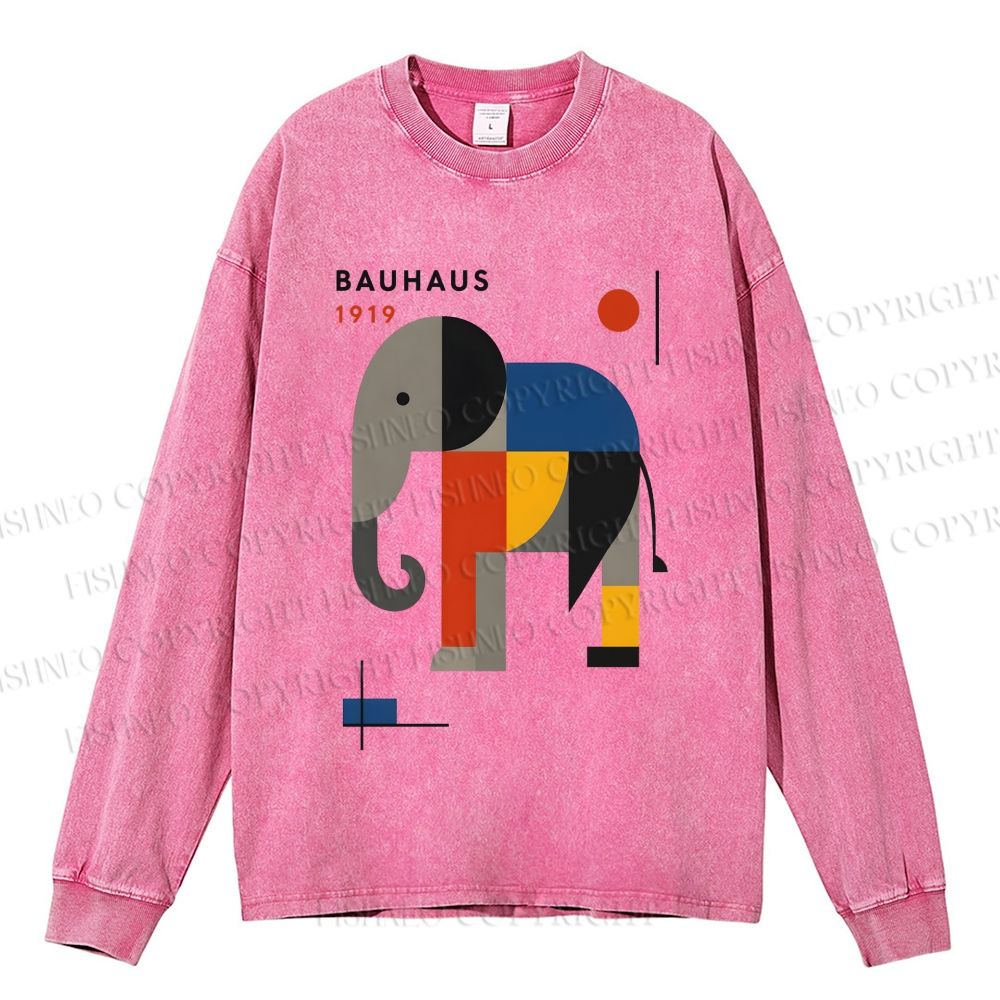 Unisex Casual Washed Bauhaus Elephant Printed Long Sleeve T-shirt