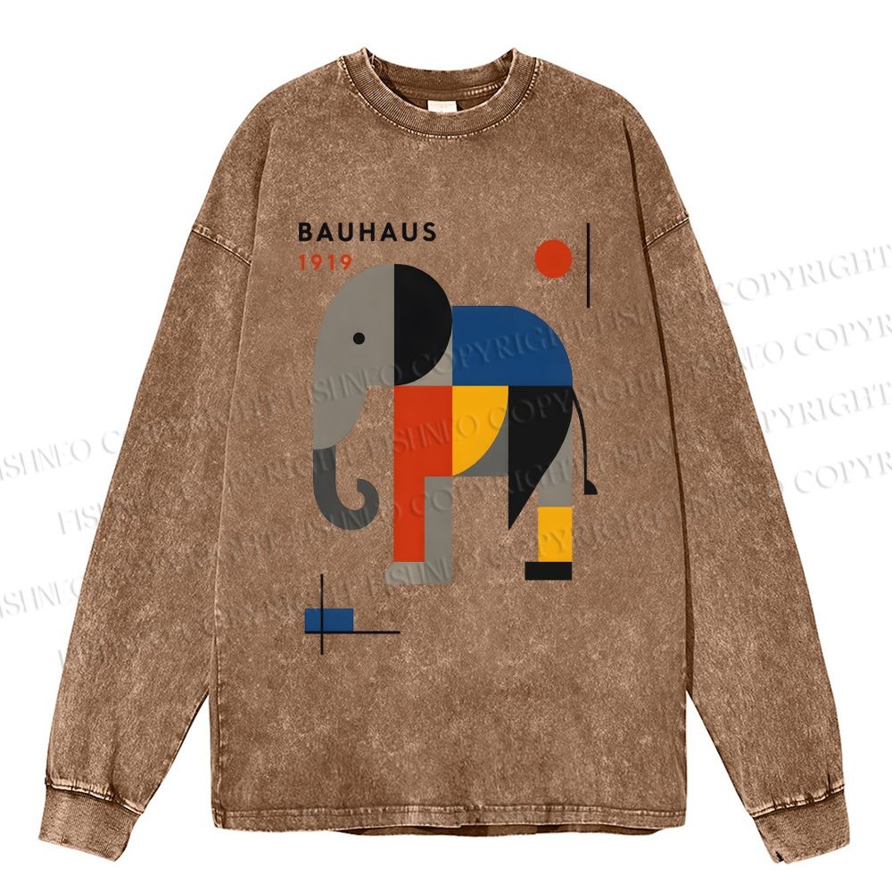 Unisex Casual Washed Bauhaus Elephant Printed Long Sleeve T-shirt