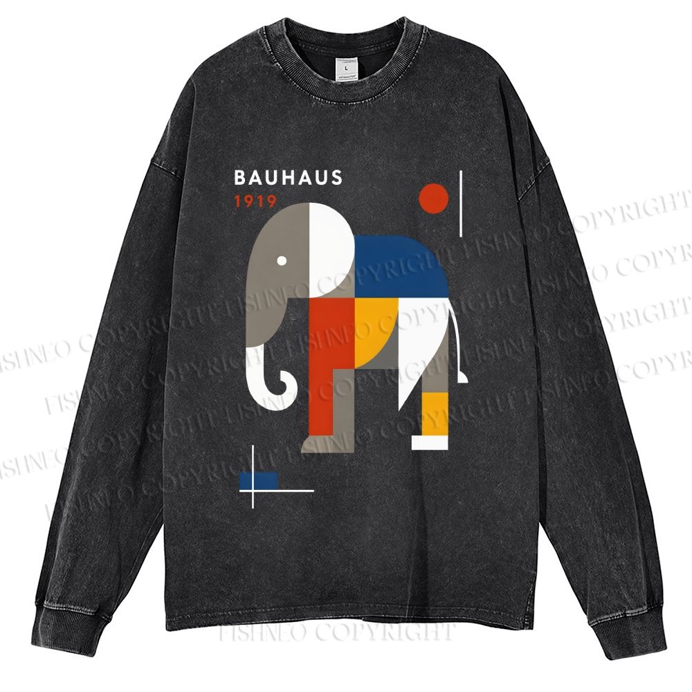 Unisex Casual Washed Bauhaus Elephant Printed Long Sleeve T-shirt