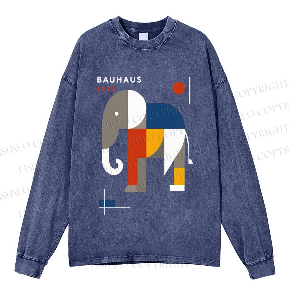 Unisex Casual Washed Bauhaus Elephant Printed Long Sleeve T-shirt