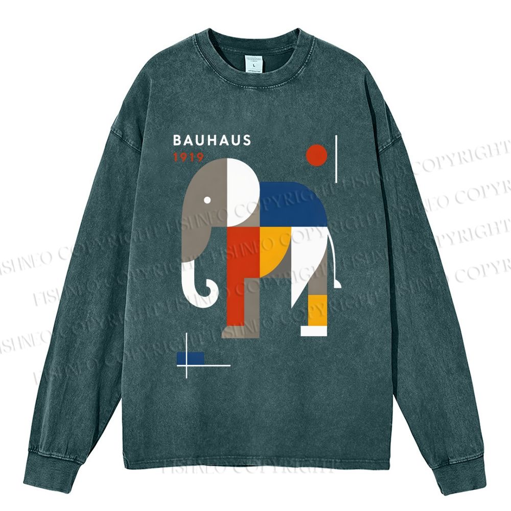 Unisex Casual Washed Bauhaus Elephant Printed Long Sleeve T-shirt