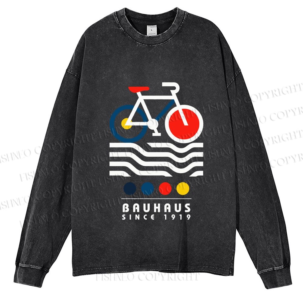 Unisex Casual Washed Bauhaus Bicycle Printed Long Sleeve T-shirt