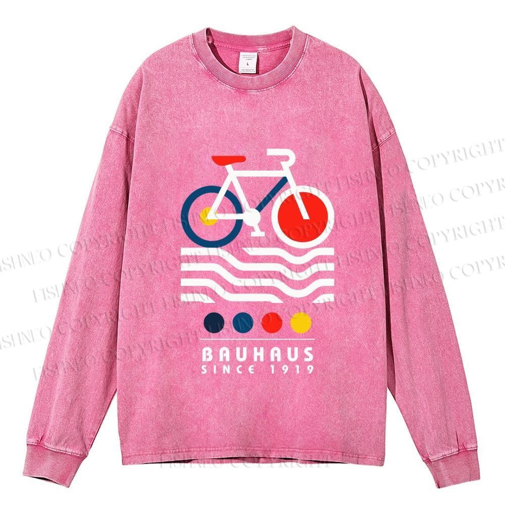 Unisex Casual Washed Bauhaus Bicycle Printed Long Sleeve T-shirt