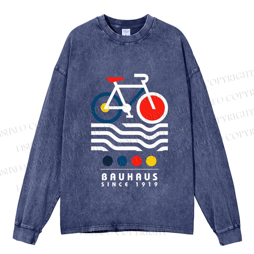 Unisex Casual Washed Bauhaus Bicycle Printed Long Sleeve T-shirt