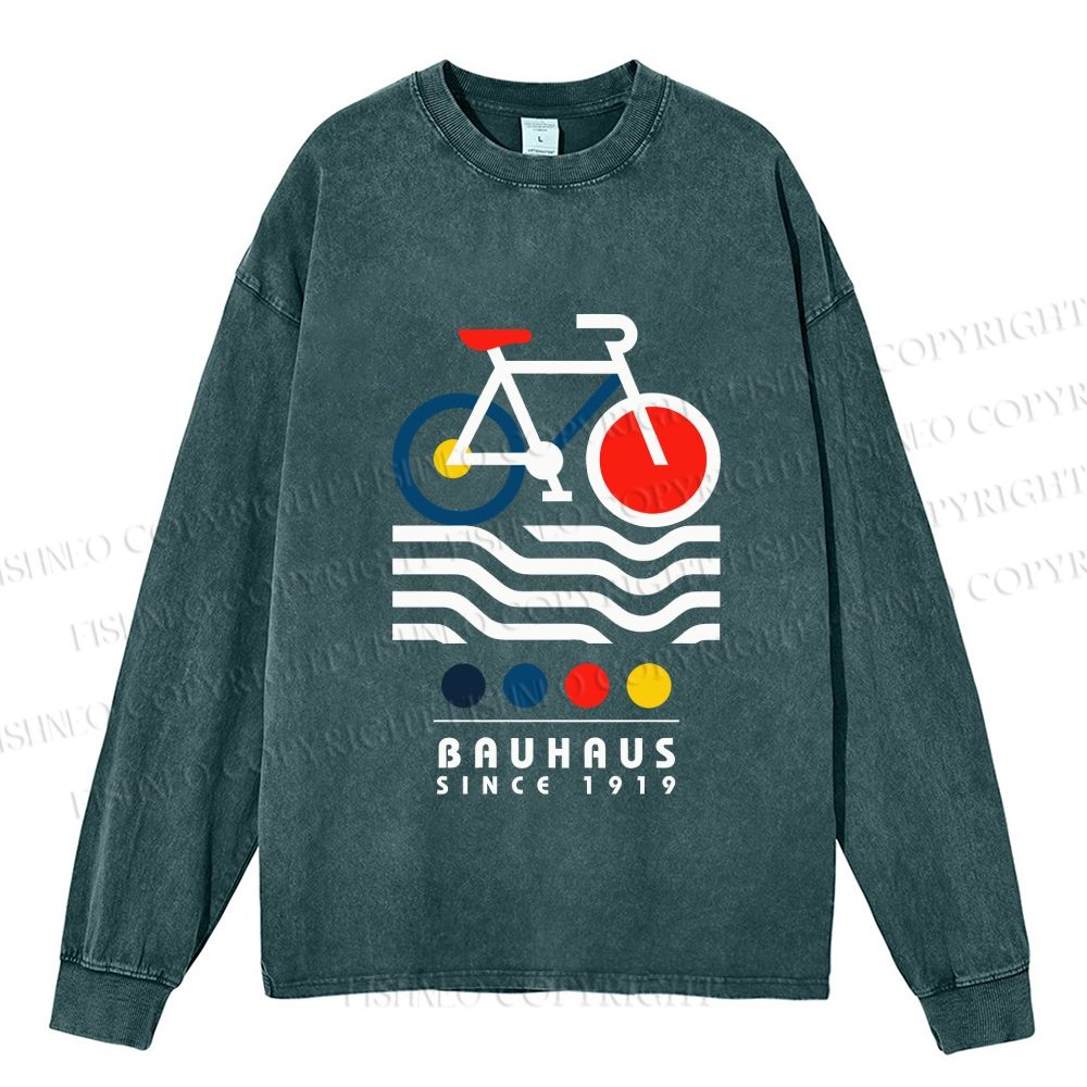 Unisex Casual Washed Bauhaus Bicycle Printed Long Sleeve T-shirt