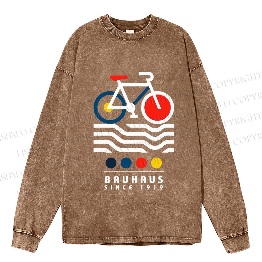 Unisex Casual Washed Bauhaus Bicycle Printed Long Sleeve T-shirt