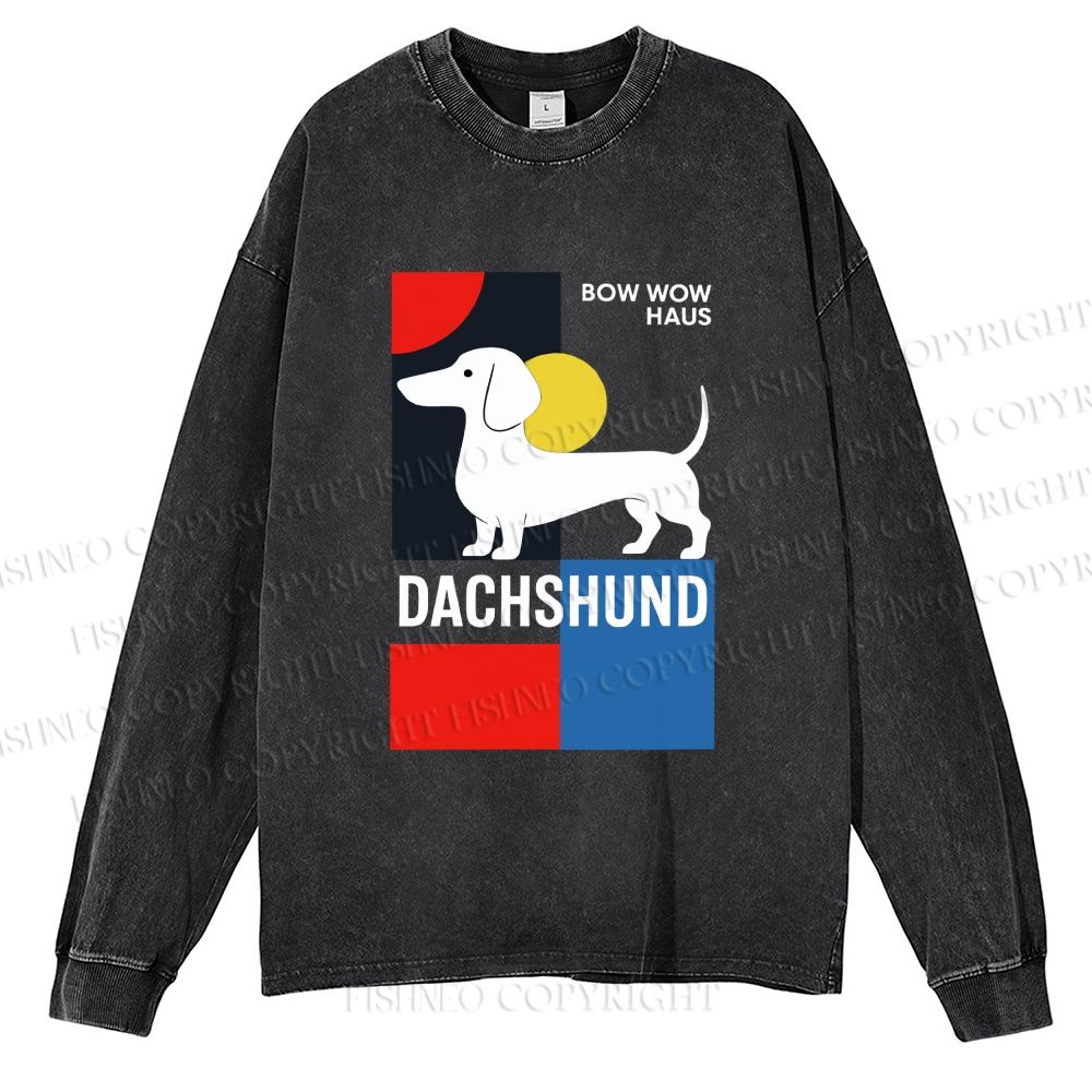 Unisex Casual Washed Bow Wow Haus Printed Long Sleeve T-shirt