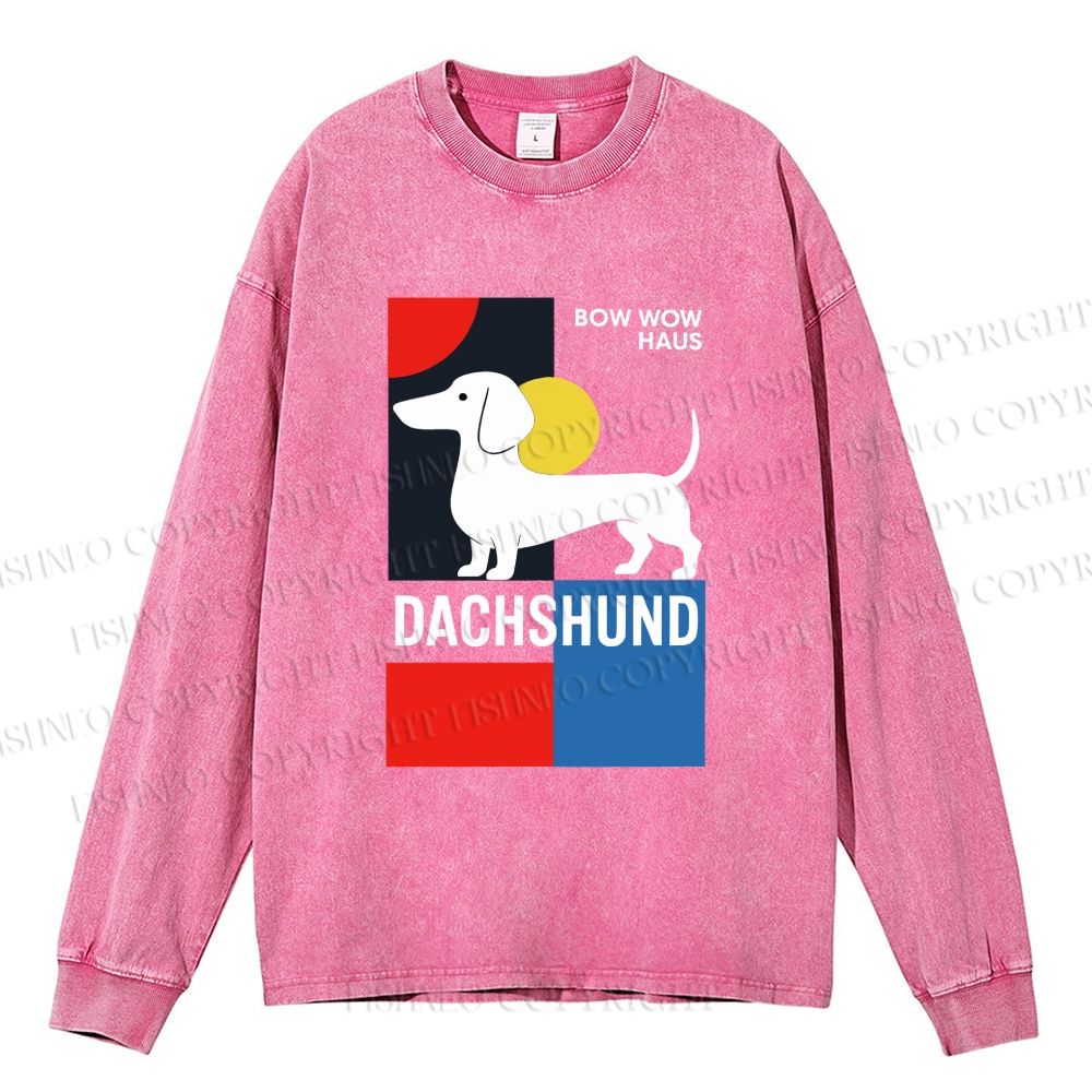 Unisex Casual Washed Bow Wow Haus Printed Long Sleeve T-shirt