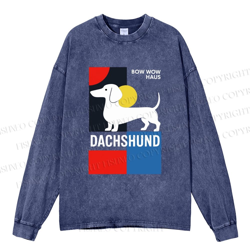 Unisex Casual Washed Bow Wow Haus Printed Long Sleeve T-shirt
