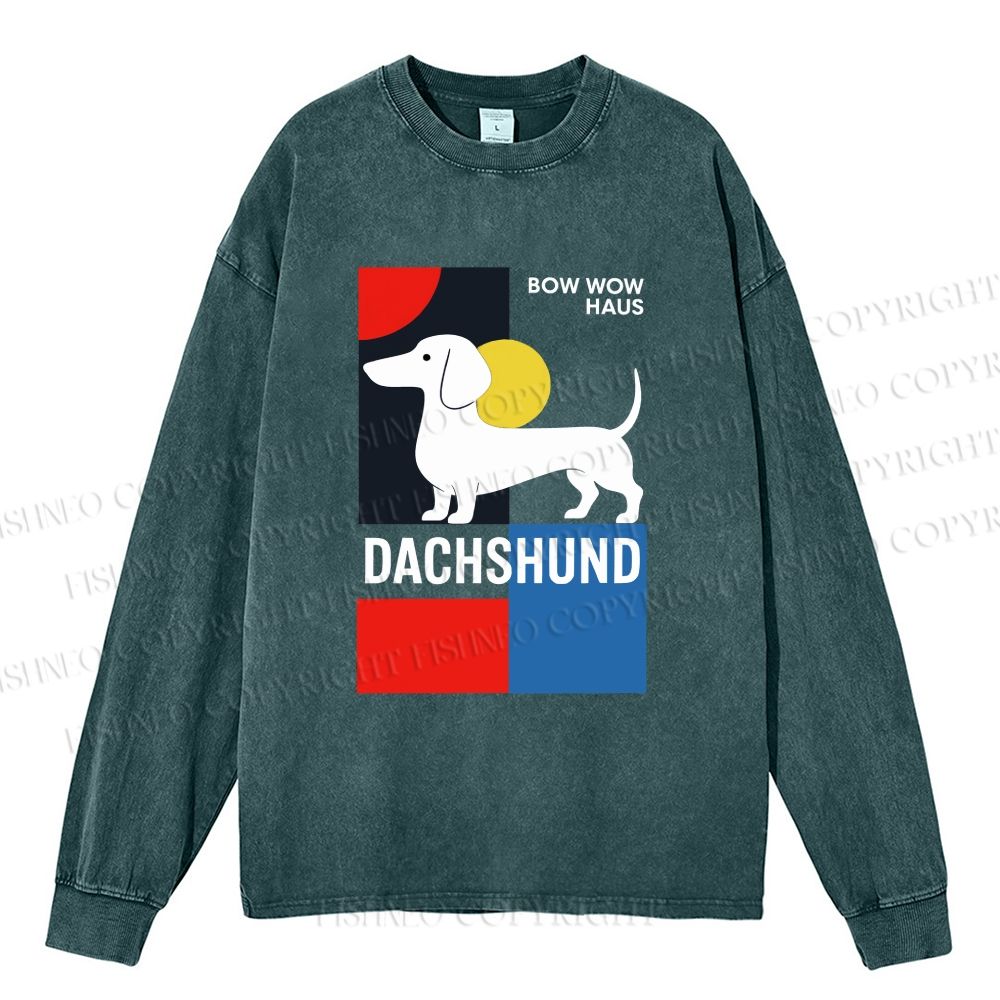 Unisex Casual Washed Bow Wow Haus Printed Long Sleeve T-shirt