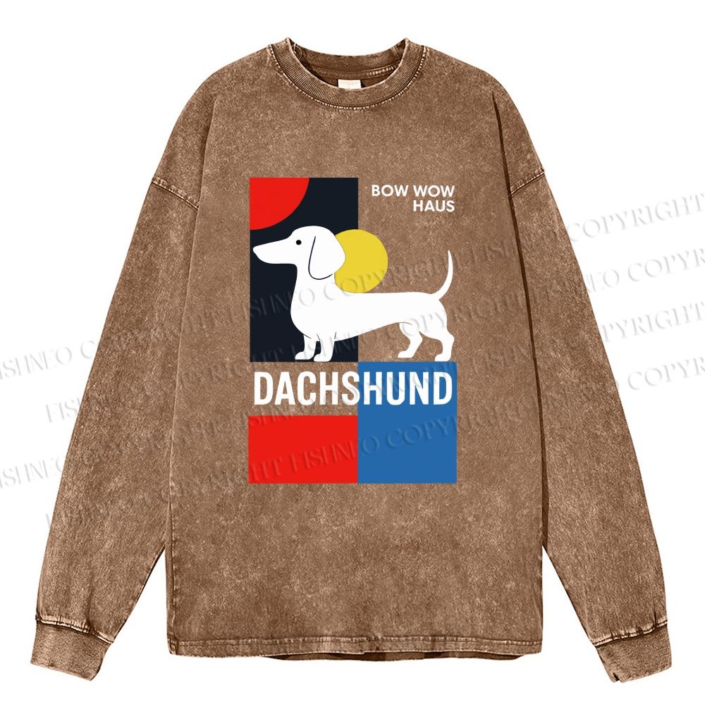 Unisex Casual Washed Bow Wow Haus Printed Long Sleeve T-shirt