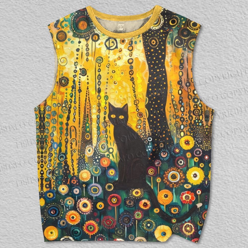 Unisex Yayoi Kusama Black Cat in Wood Printed Tank Top