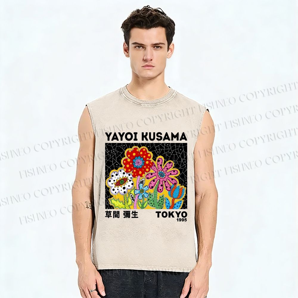 Unisex Yayoi Kusama Flowers Printed Washed Tank Top