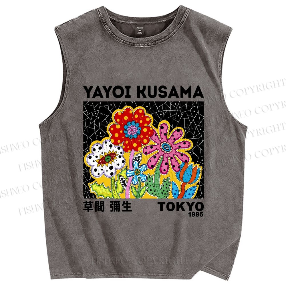 Unisex Yayoi Kusama Flowers Printed Washed Tank Top