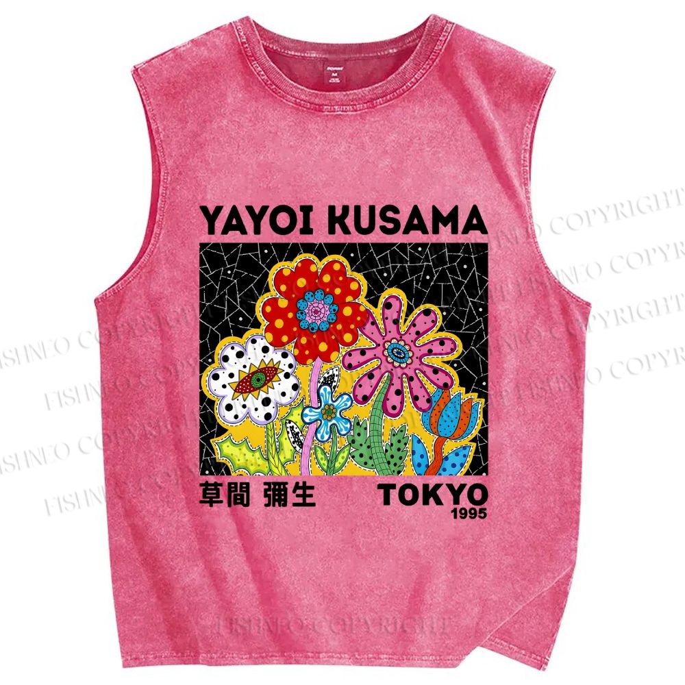 Unisex Yayoi Kusama Flowers Printed Washed Tank Top