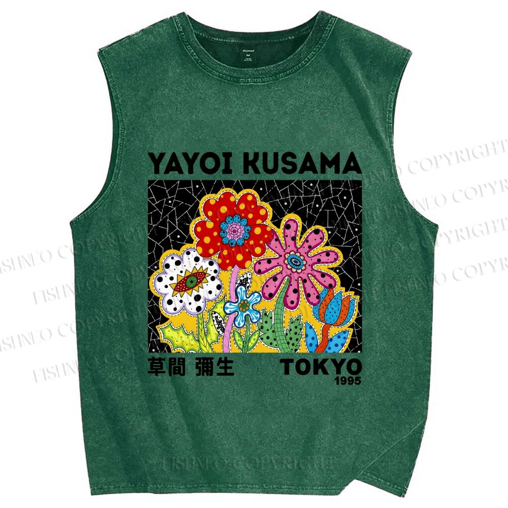 Unisex Yayoi Kusama Flowers Printed Washed Tank Top