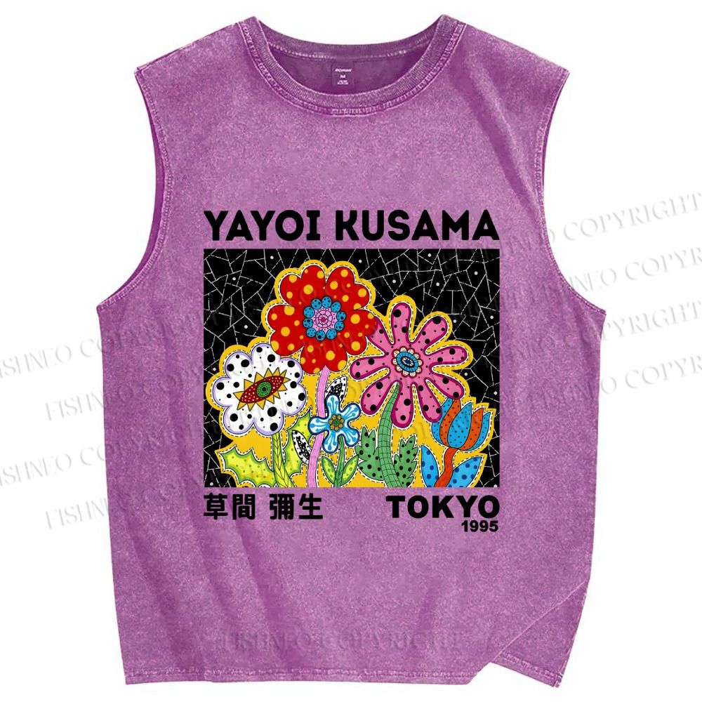 Unisex Yayoi Kusama Flowers Printed Washed Tank Top