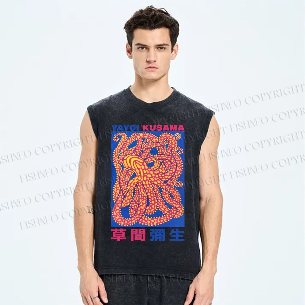 Unisex Yayoi Kusama Octopus Printed Washed Tank Top