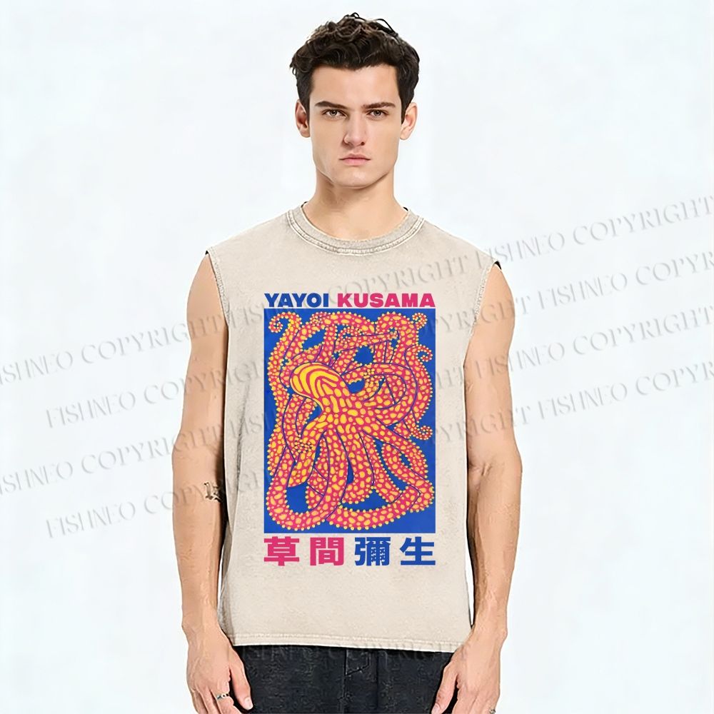 Unisex Yayoi Kusama Octopus Printed Washed Tank Top