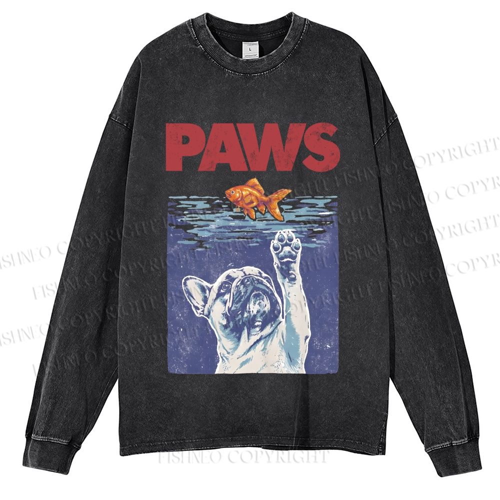 Unisex Casual Washed Dog Paws Printed Long Sleeve T-shirt