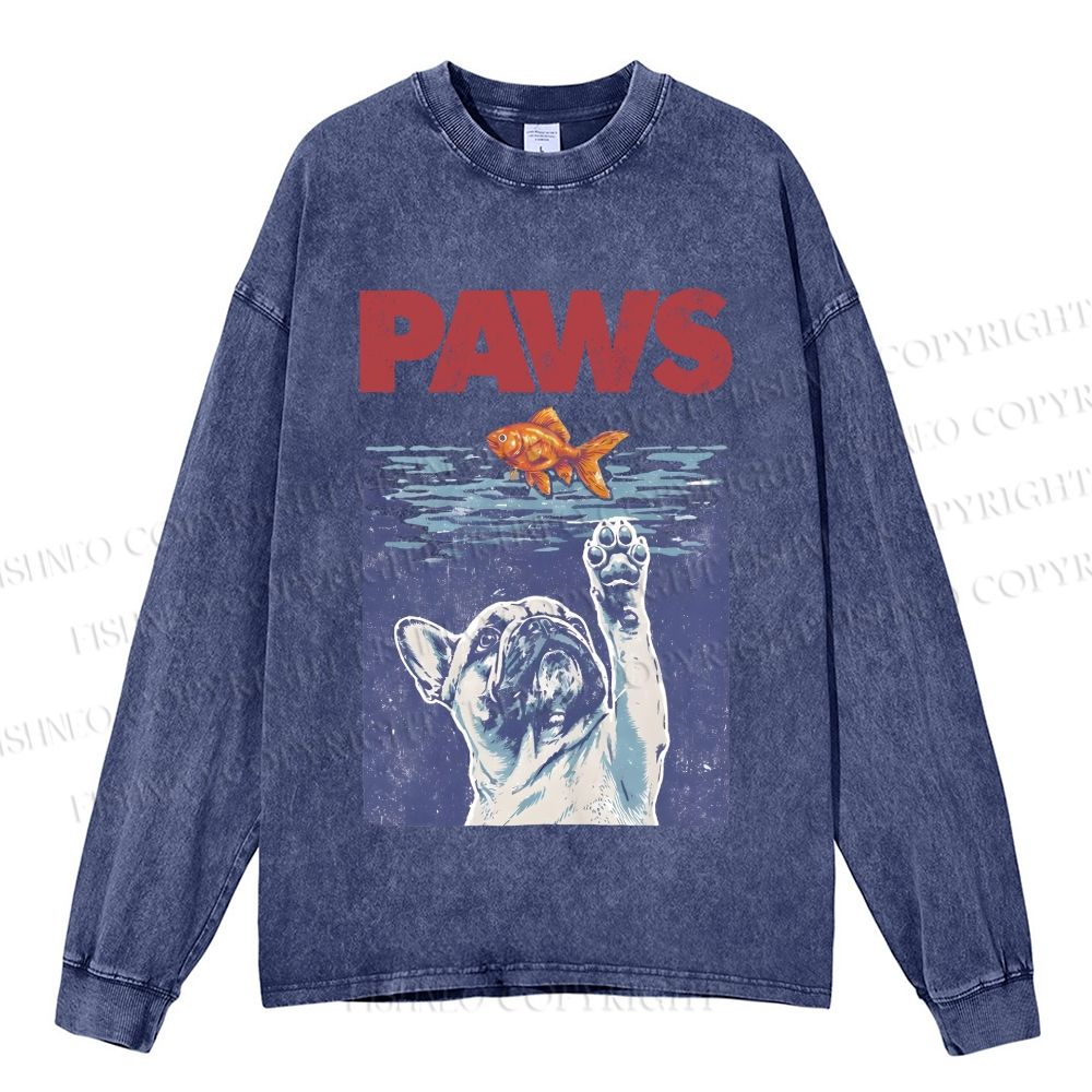 Unisex Casual Washed Dog Paws Printed Long Sleeve T-shirt