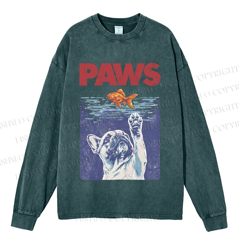 Unisex Casual Washed Dog Paws Printed Long Sleeve T-shirt