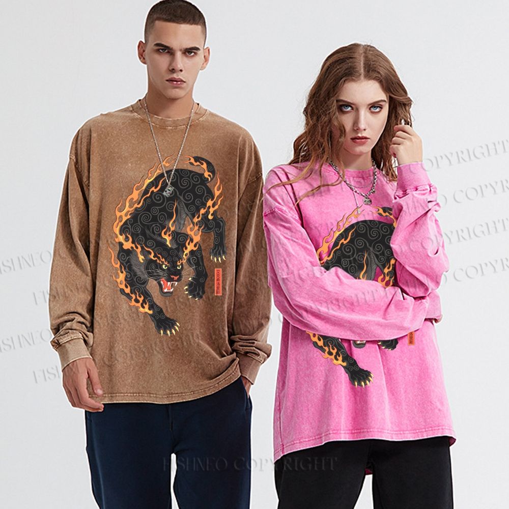 Unisex Casual Washed Vintage Japanese Ukiyo-e Panther With Flame Printed Long Sleeve T-shirt