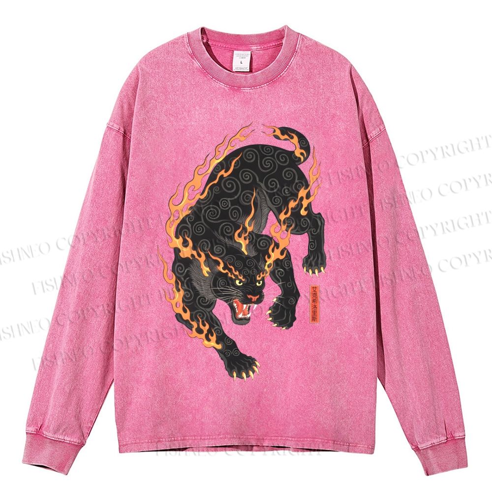 Unisex Casual Washed Vintage Japanese Ukiyo-e Panther With Flame Printed Long Sleeve T-shirt