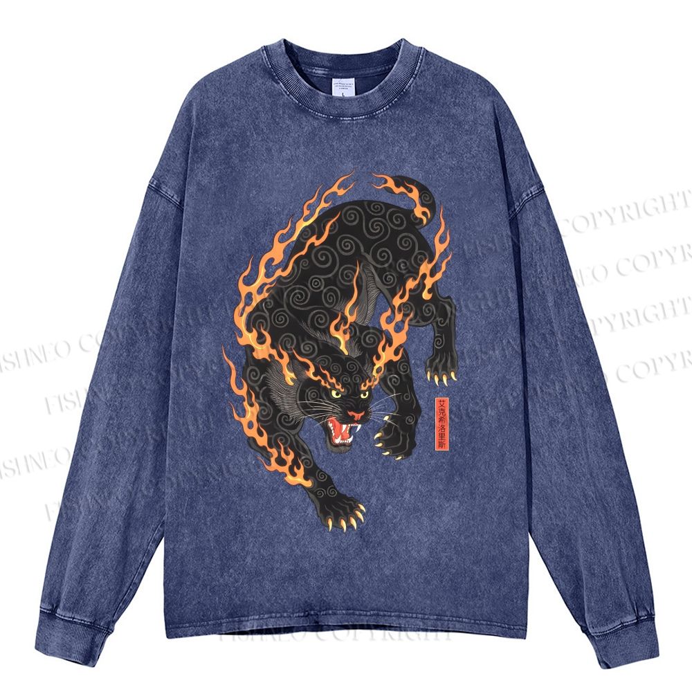 Unisex Casual Washed Vintage Japanese Ukiyo-e Panther With Flame Printed Long Sleeve T-shirt