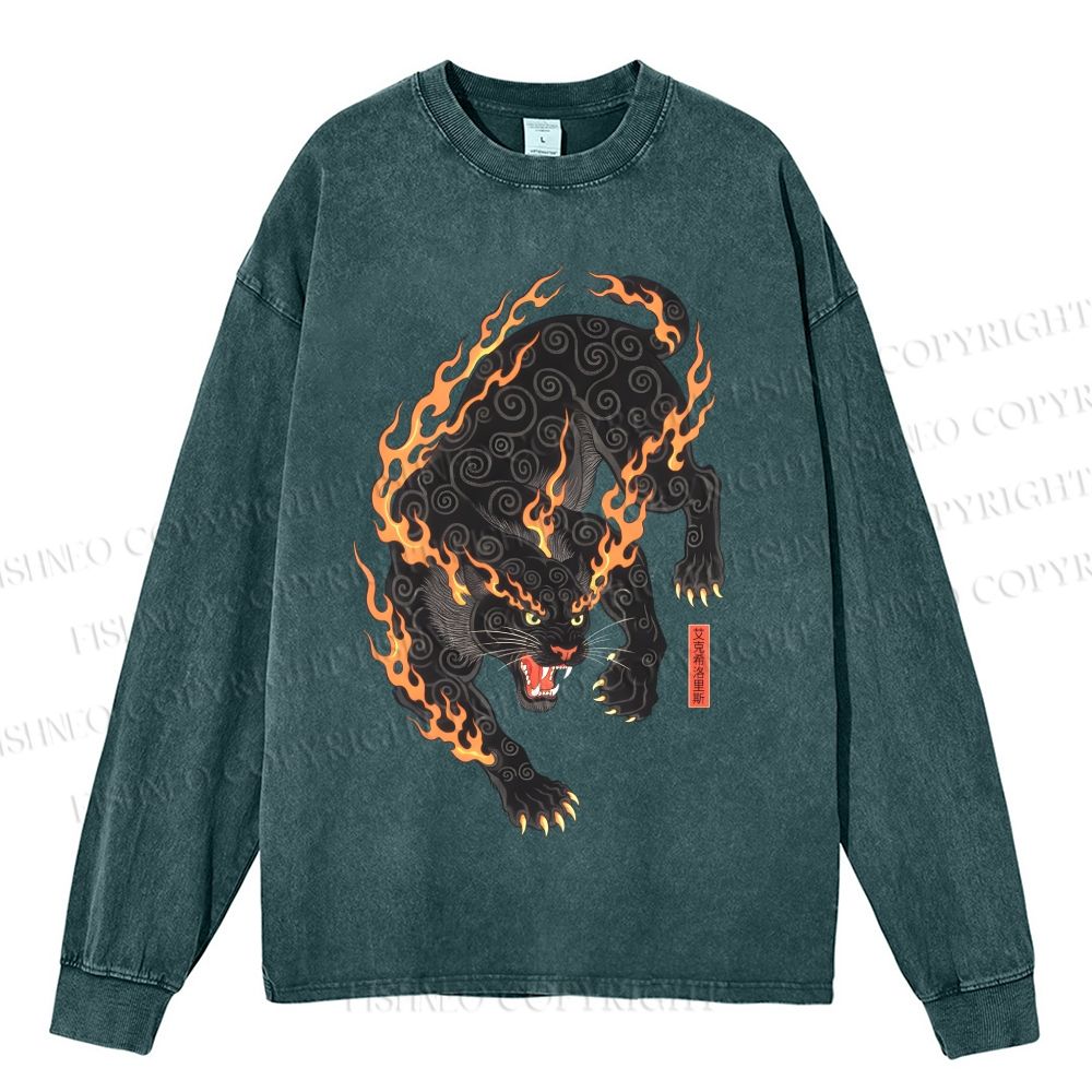 Unisex Casual Washed Vintage Japanese Ukiyo-e Panther With Flame Printed Long Sleeve T-shirt