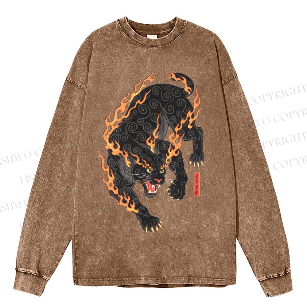 Unisex Casual Washed Vintage Japanese Ukiyo-e Panther With Flame Printed Long Sleeve T-shirt
