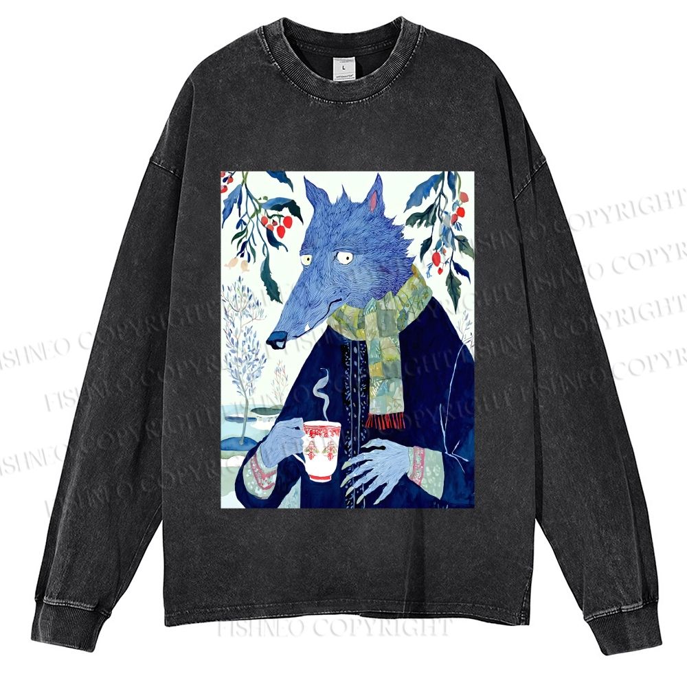 Unisex Casual Washed Mister Wolf in Winter Printed Long Sleeve T-shirt