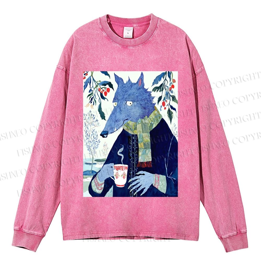 Unisex Casual Washed Mister Wolf in Winter Printed Long Sleeve T-shirt