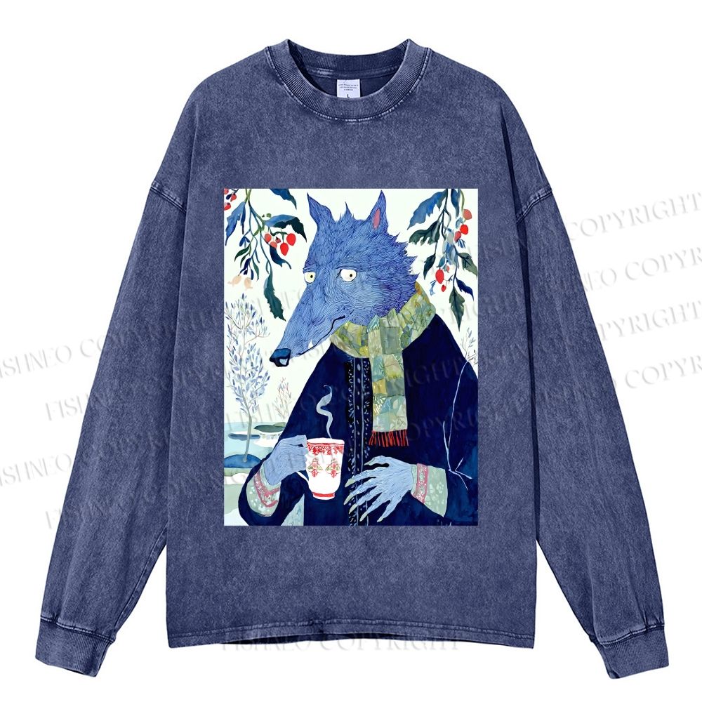 Unisex Casual Washed Mister Wolf in Winter Printed Long Sleeve T-shirt