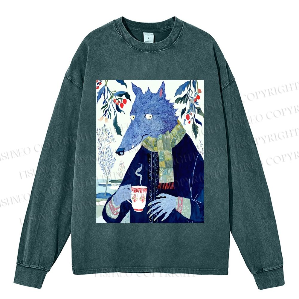 Unisex Casual Washed Mister Wolf in Winter Printed Long Sleeve T-shirt