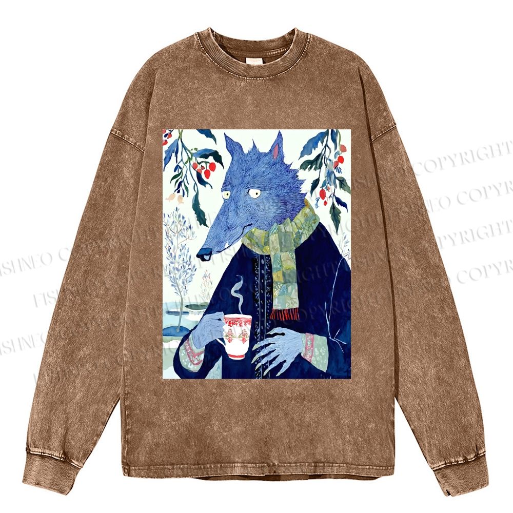 Unisex Casual Washed Mister Wolf in Winter Printed Long Sleeve T-shirt
