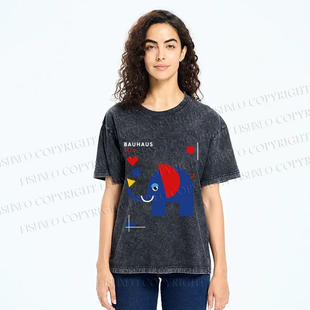 Unisex Bauhaus Elephant Printed Washed Tee