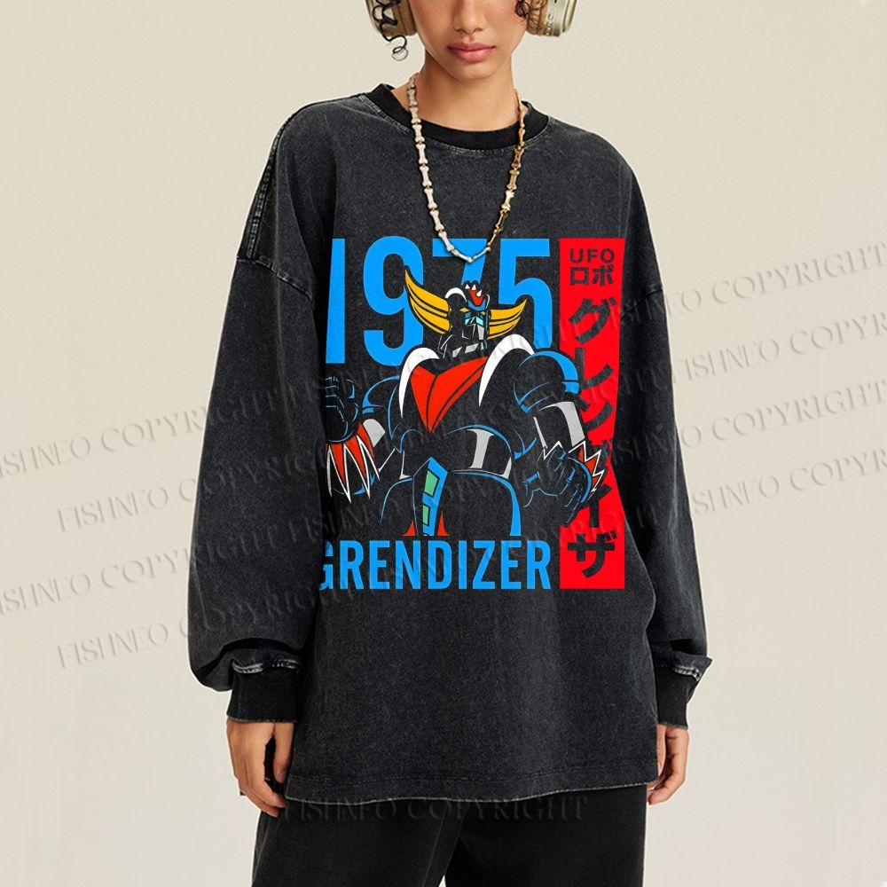 Unisex Casual Washed Mazinger Grendizer Printed Long Sleeve T-shirt