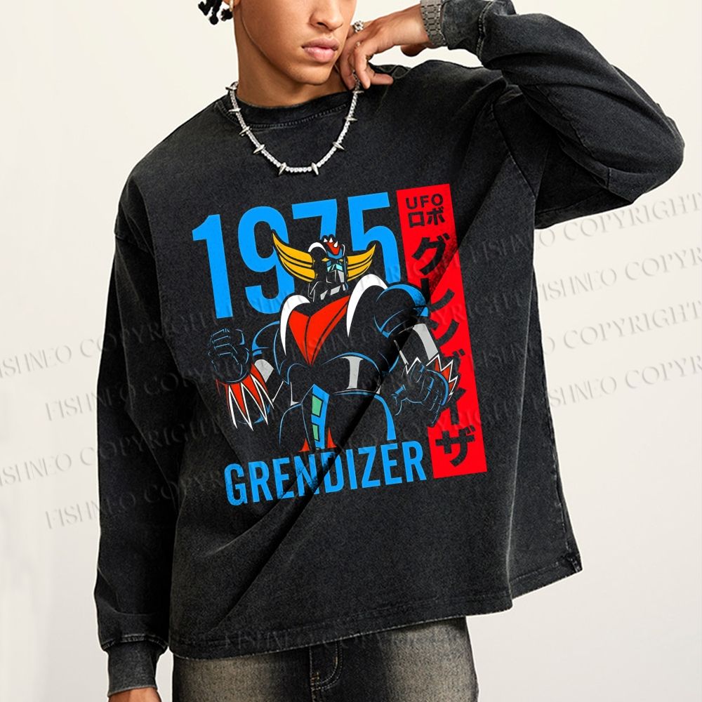 Unisex Casual Washed Mazinger Grendizer Printed Long Sleeve T-shirt