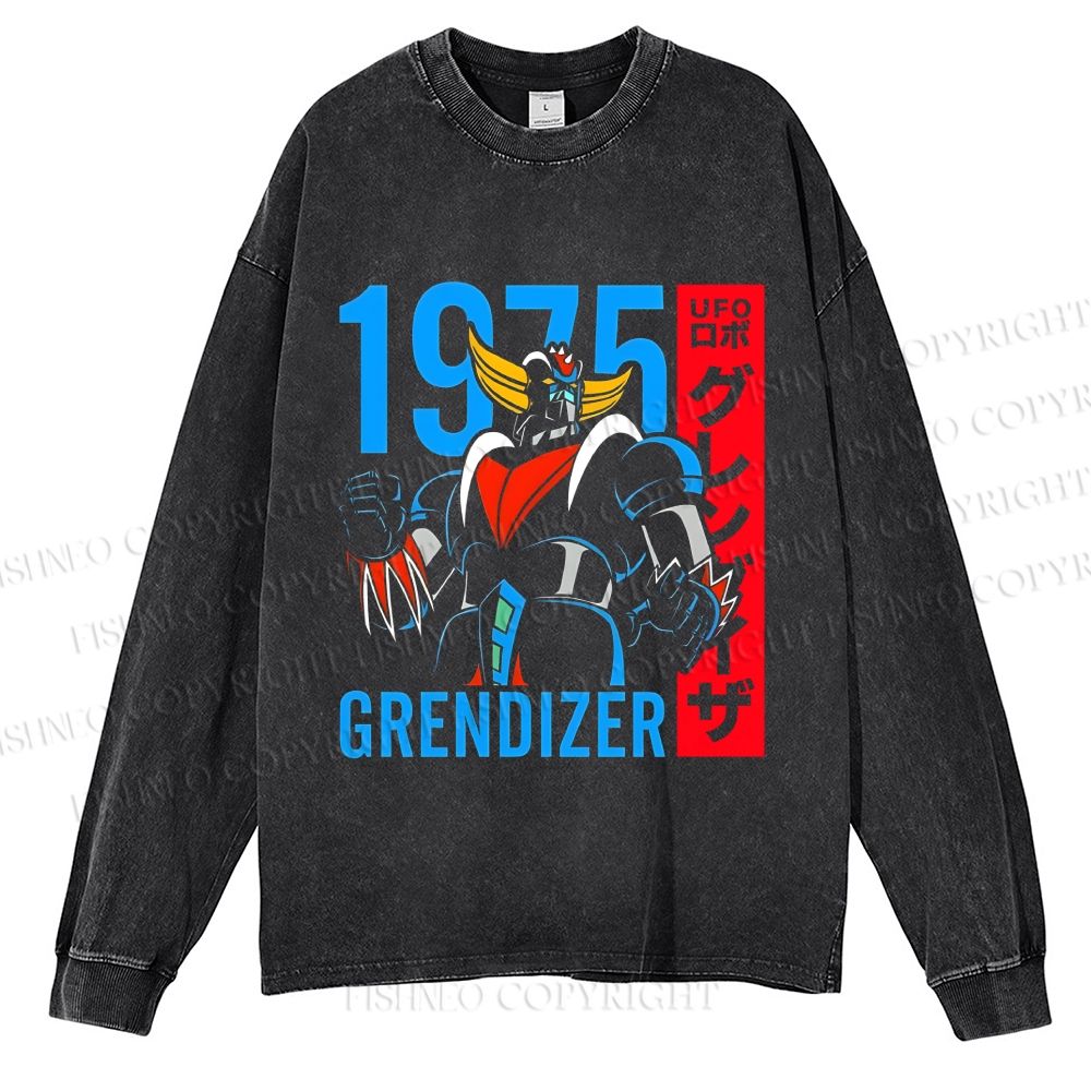 Unisex Casual Washed Mazinger Grendizer Printed Long Sleeve T-shirt