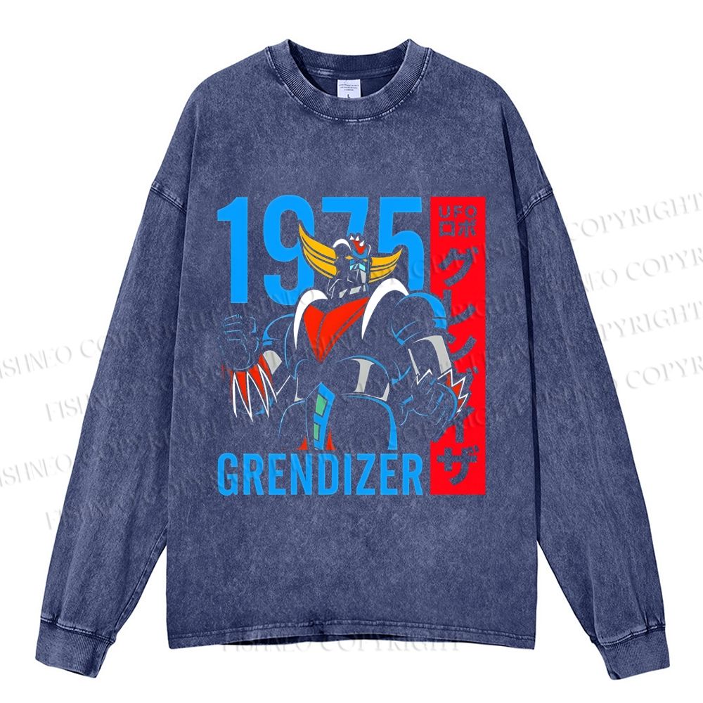 Unisex Casual Washed Mazinger Grendizer Printed Long Sleeve T-shirt
