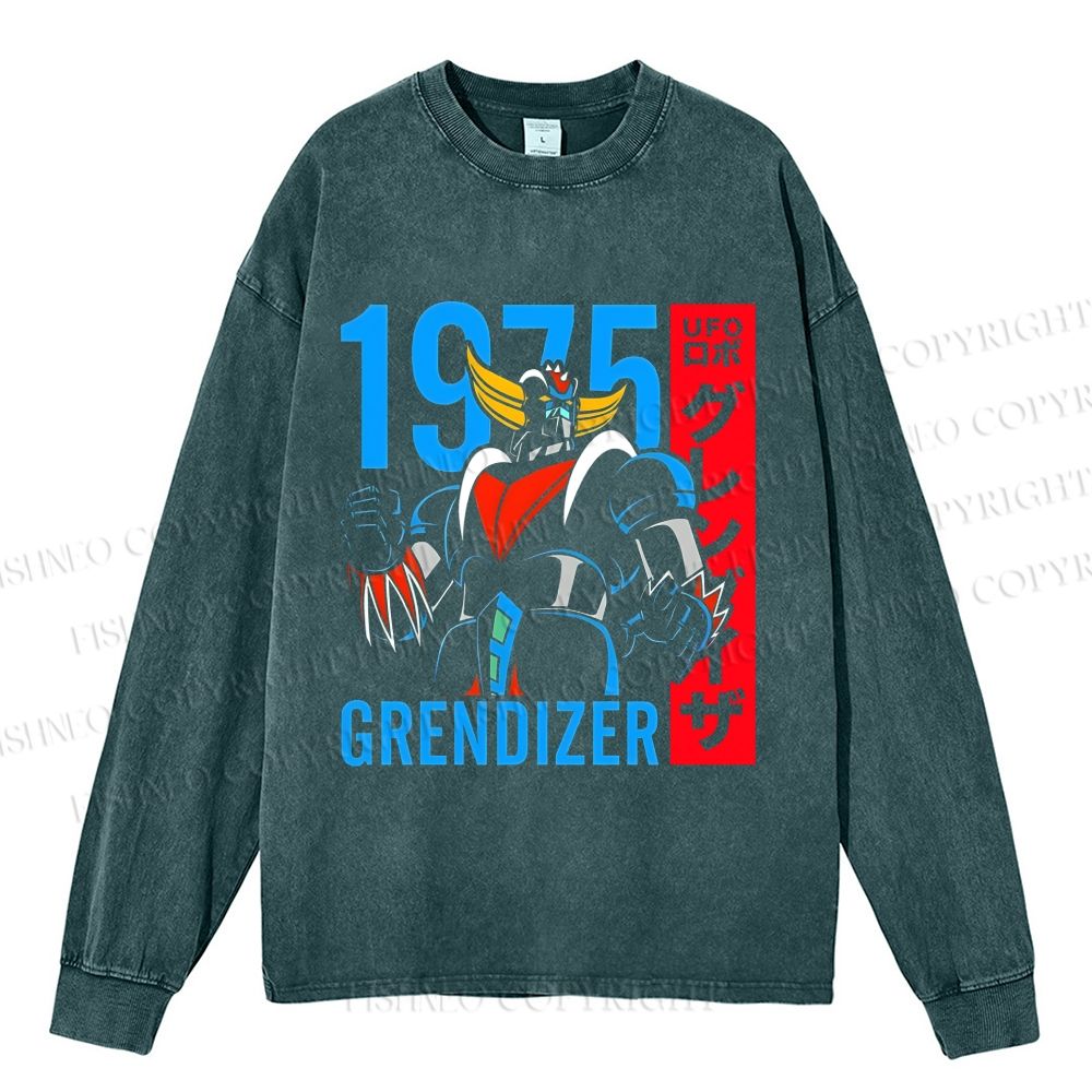 Unisex Casual Washed Mazinger Grendizer Printed Long Sleeve T-shirt