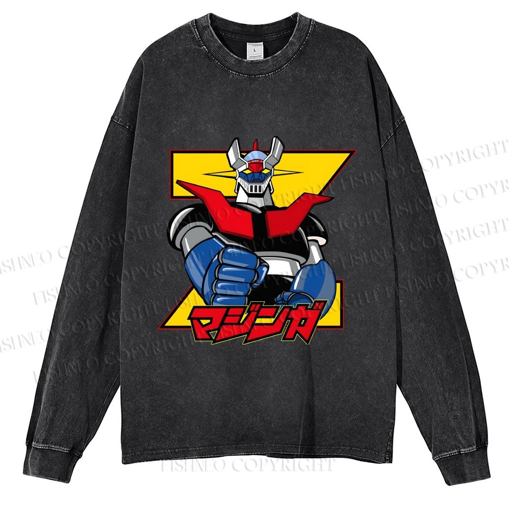 Unisex Casual Washed Mazinger Grendizer Printed Long Sleeve T-shirt