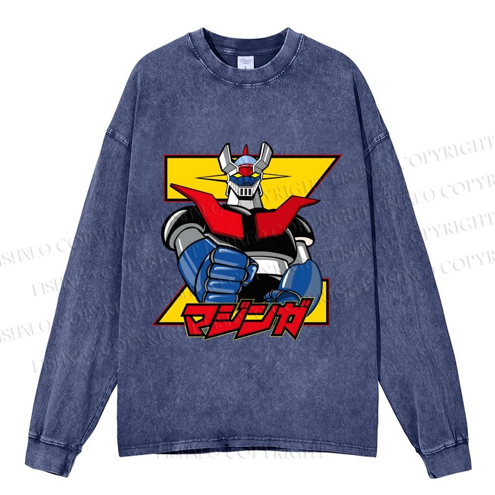 Unisex Casual Washed Mazinger Grendizer Printed Long Sleeve T-shirt