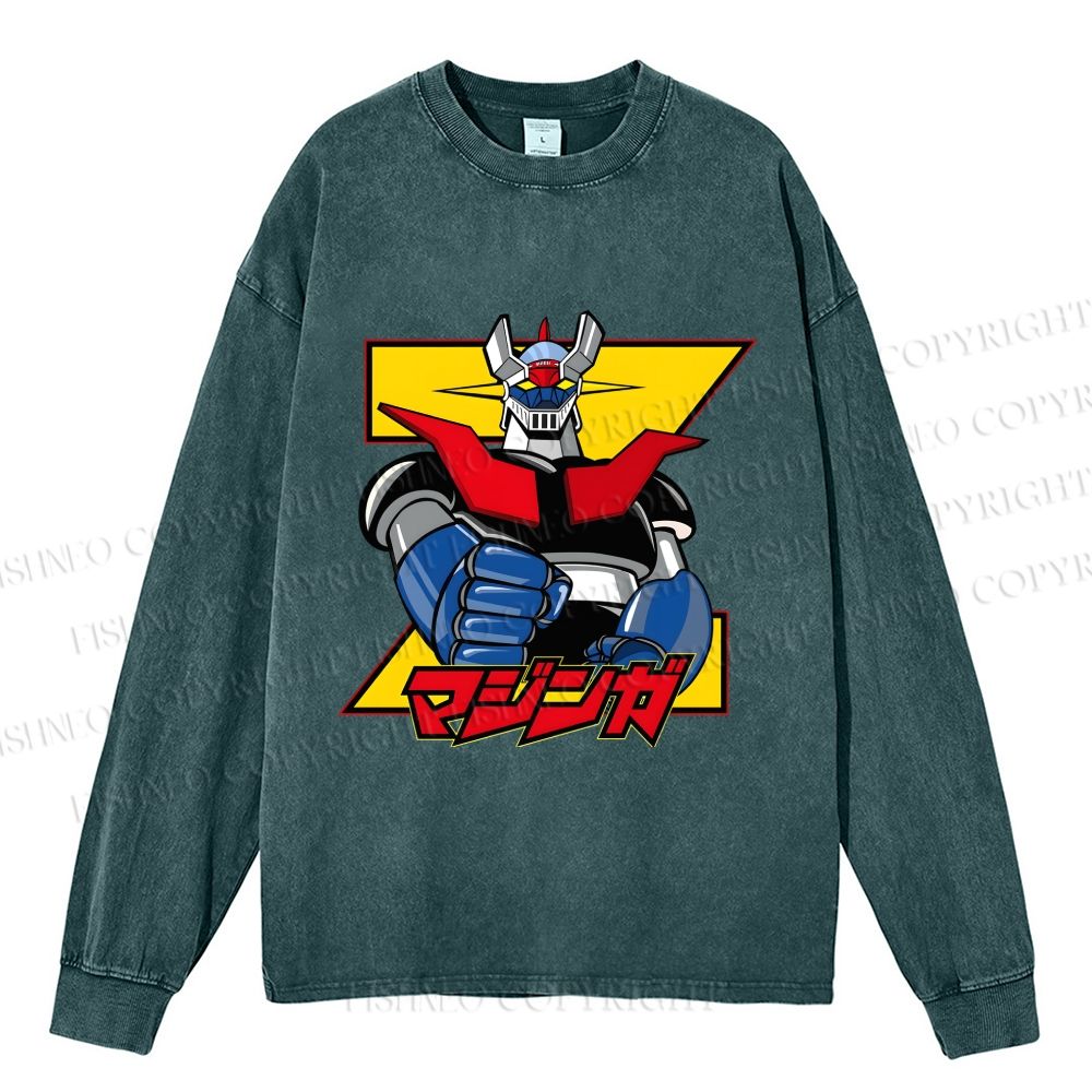 Unisex Casual Washed Mazinger Grendizer Printed Long Sleeve T-shirt