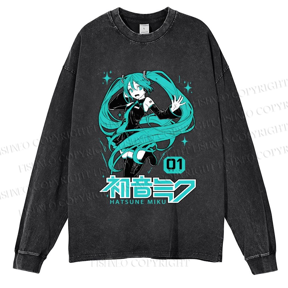 Unisex Casual Washed Hatsune Miku Printed Long Sleeve T-shirt
