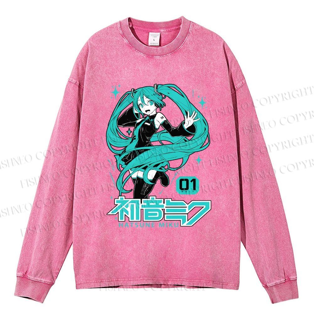 Unisex Casual Washed Hatsune Miku Printed Long Sleeve T-shirt