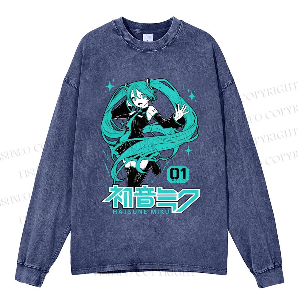 Unisex Casual Washed Hatsune Miku Printed Long Sleeve T-shirt